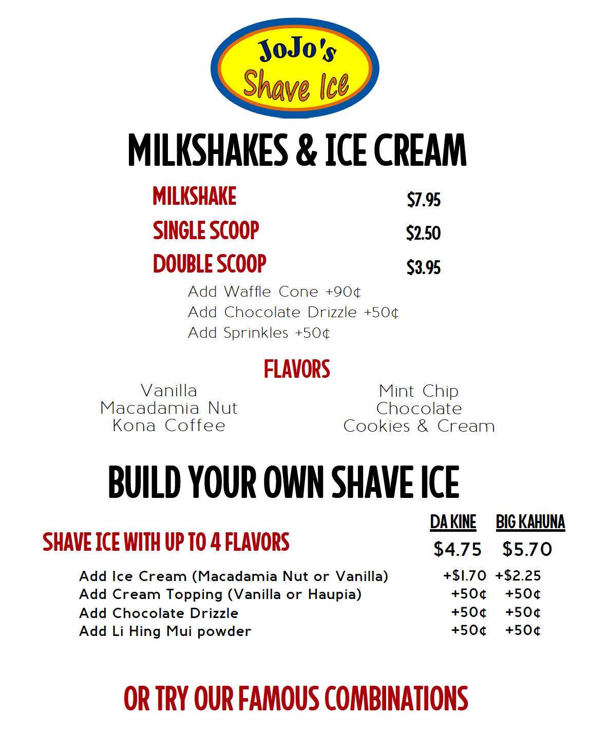 Milkshakes and Ice Cream List