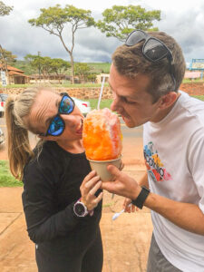 couple biting shave ice